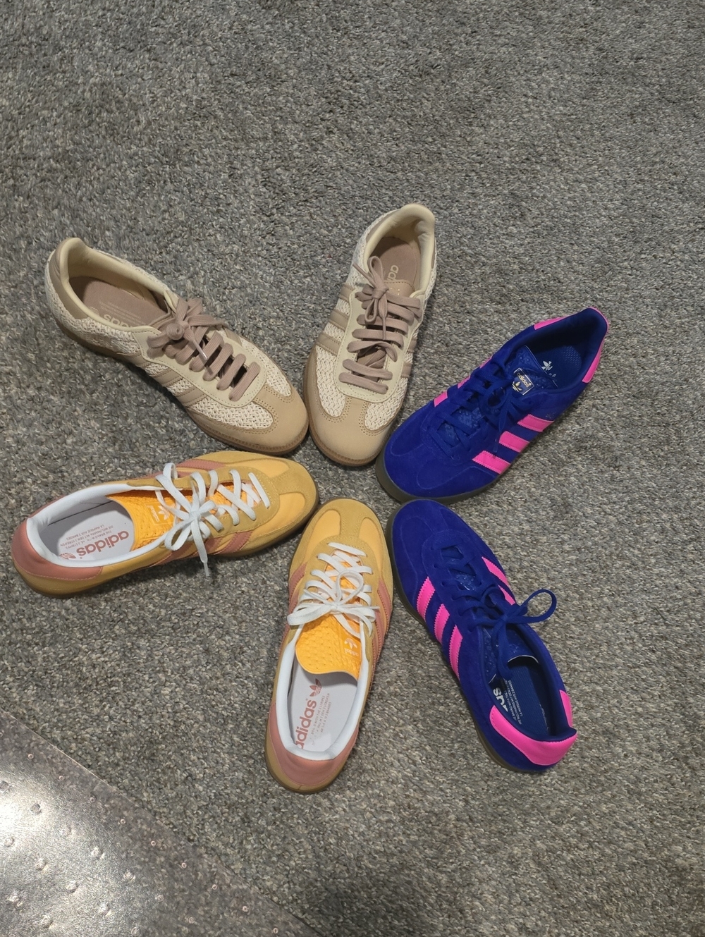 All THREE PAIR. adidas Women’s Sneakers — Beige, Yellow, Blue & Pink Colorways